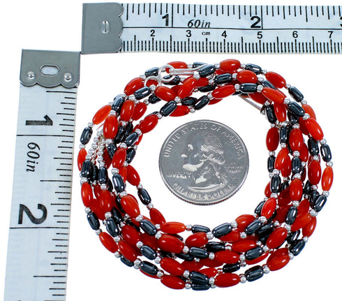 Coral And Hematite Sterling Silver 3-Strand Bead Necklace SX114678